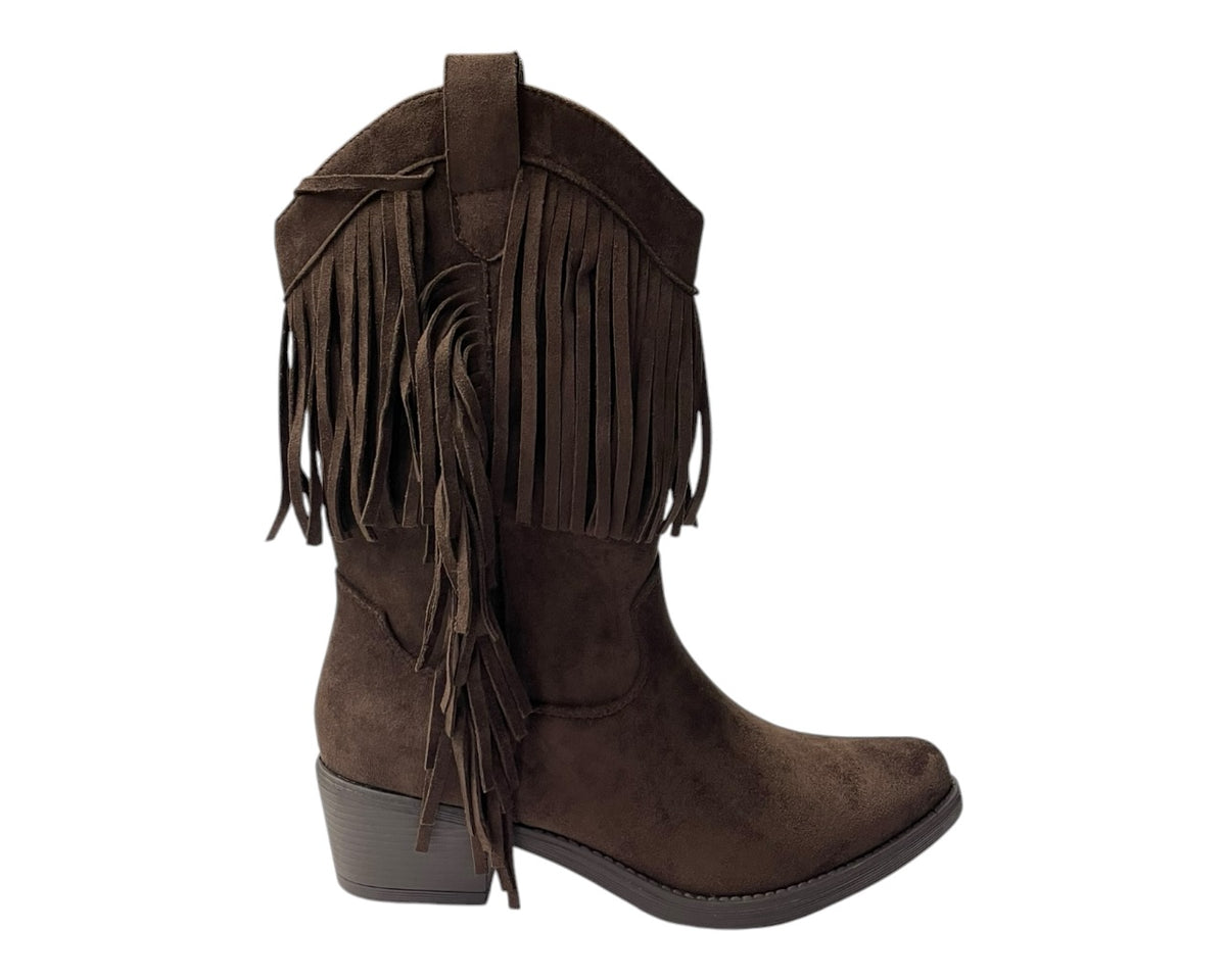 Mid Calf Fringe Faux Suede Cowboy Boots