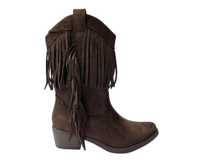Mid Calf Fringe Faux Suede Cowboy Boots