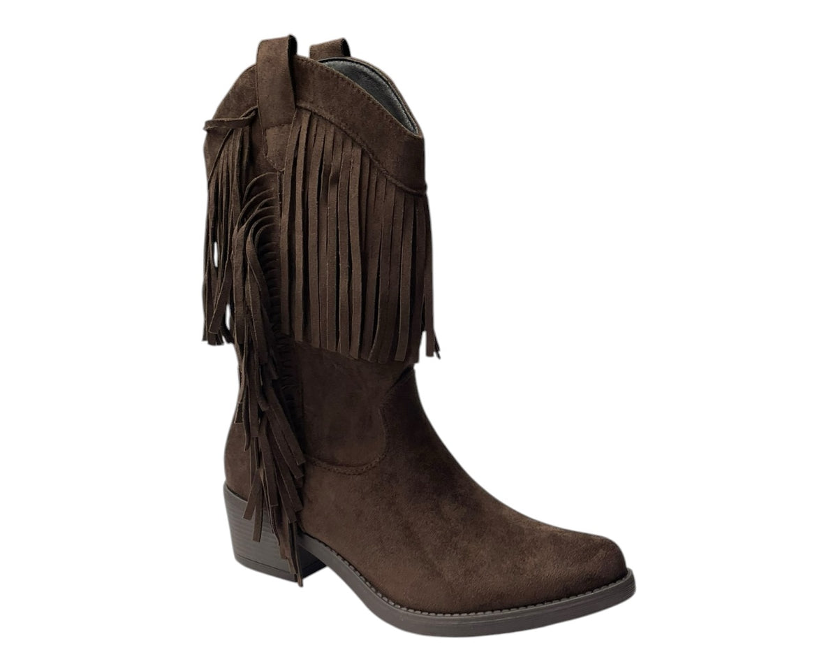 Mid Calf Fringe Faux Suede Cowboy Boots