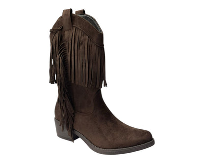 Mid Calf Fringe Faux Suede Cowboy Boots