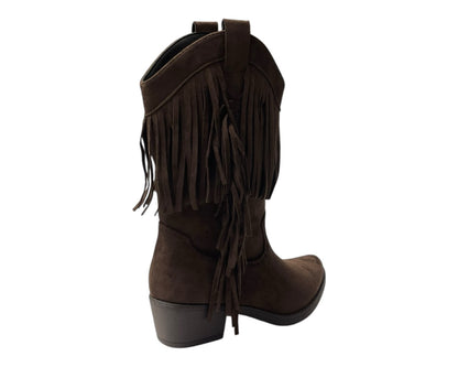Mid Calf Fringe Faux Suede Cowboy Boots