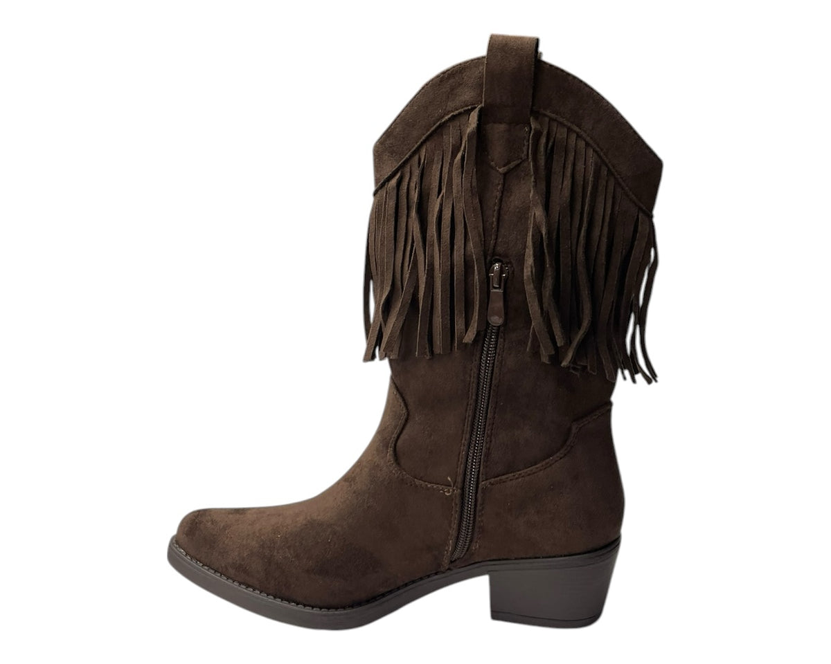 Mid Calf Fringe Faux Suede Cowboy Boots