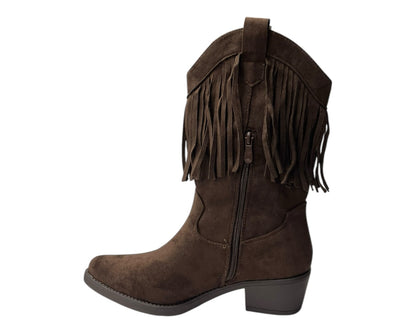 Mid Calf Fringe Faux Suede Cowboy Boots