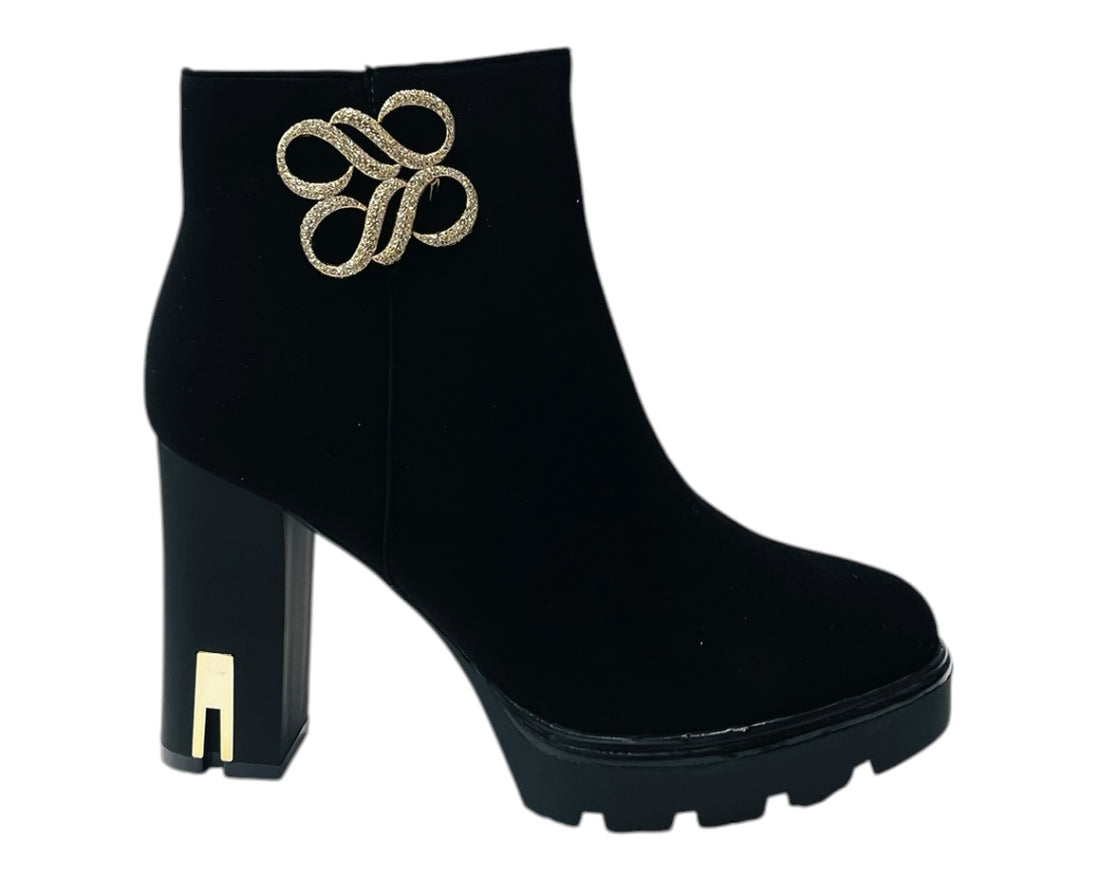 Block Heel Faux Leather Diamante Ankle Boots