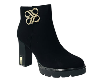 Block Heel Faux Leather Diamante Ankle Boots