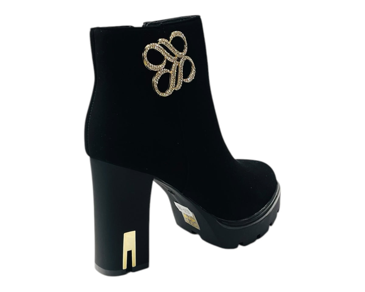 Block Heel Faux Leather Diamante Ankle Boots