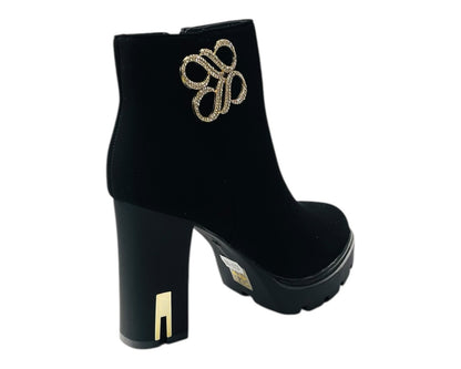 Block Heel Faux Leather Diamante Ankle Boots