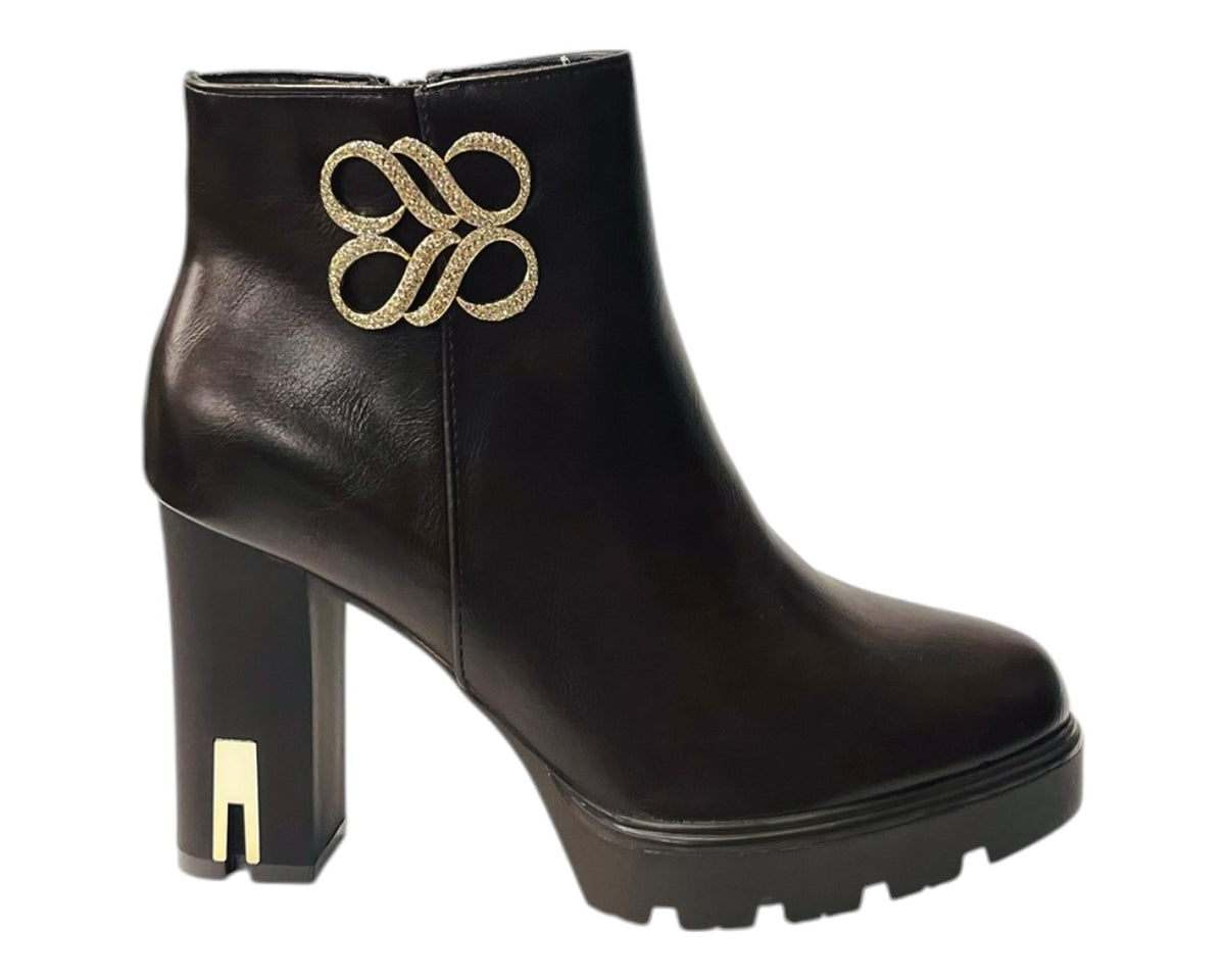 Block Heel Faux Leather Diamante Ankle Boots
