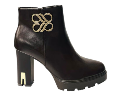 Block Heel Faux Leather Diamante Ankle Boots