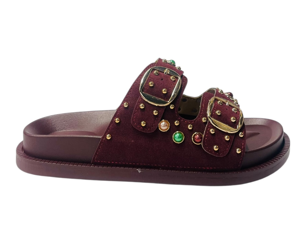 Diamante Stud Double Buckle Slide On Sandal