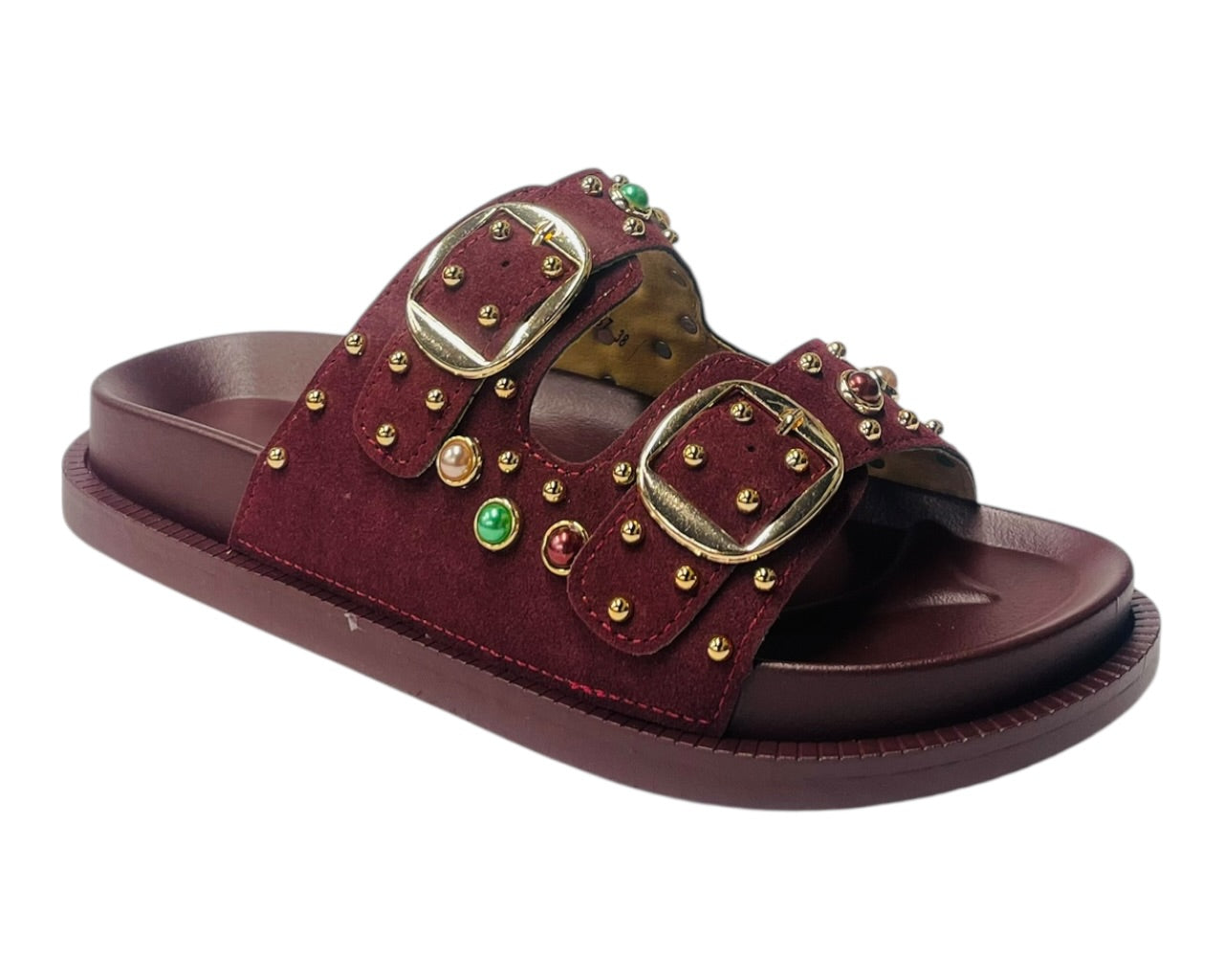 Diamante Stud Double Buckle Slide On Sandal