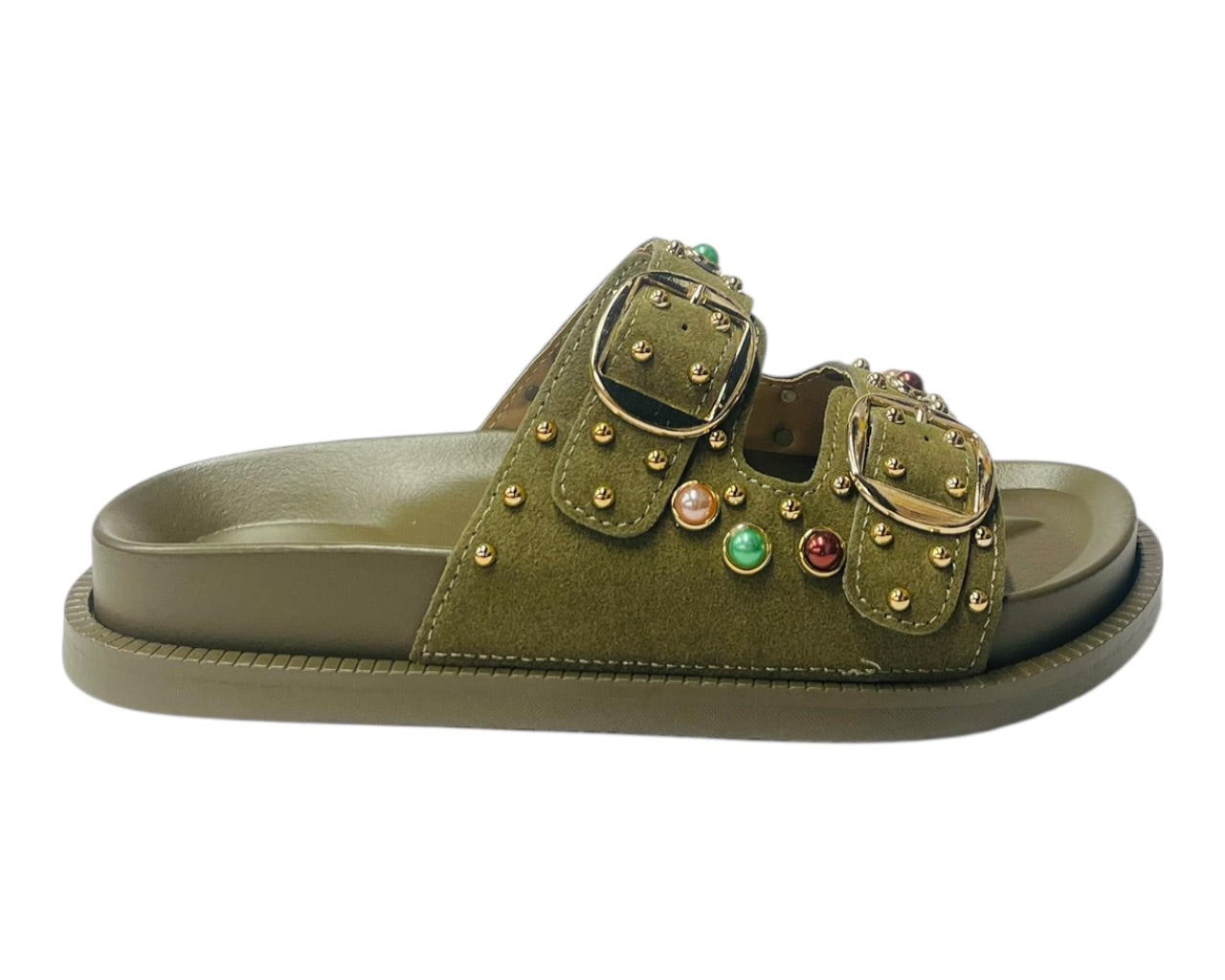 Diamante Stud Double Buckle Slide On Sandal