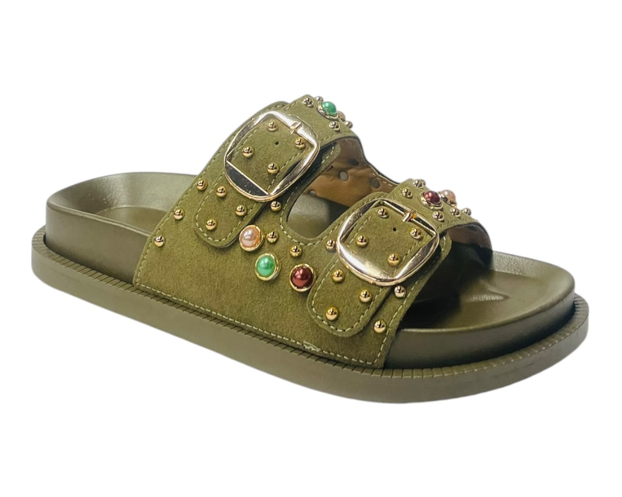 Diamante Stud Double Buckle Slide On Sandal