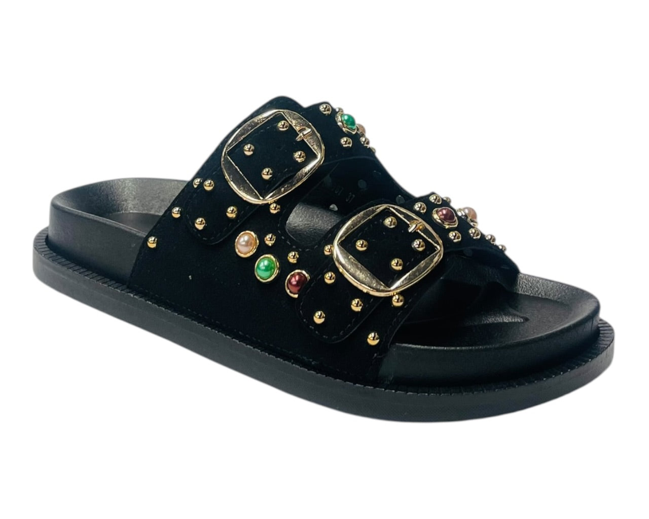 Diamante Stud Double Buckle Slide On Sandal