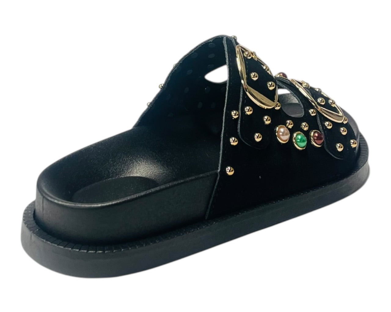 Diamante Stud Double Buckle Slide On Sandal