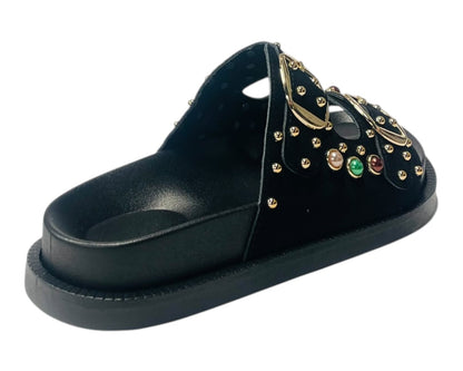 Diamante Stud Double Buckle Slide On Sandal
