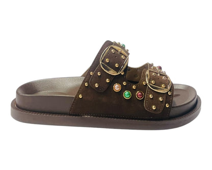 Diamante Stud Double Buckle Slide On Sandal