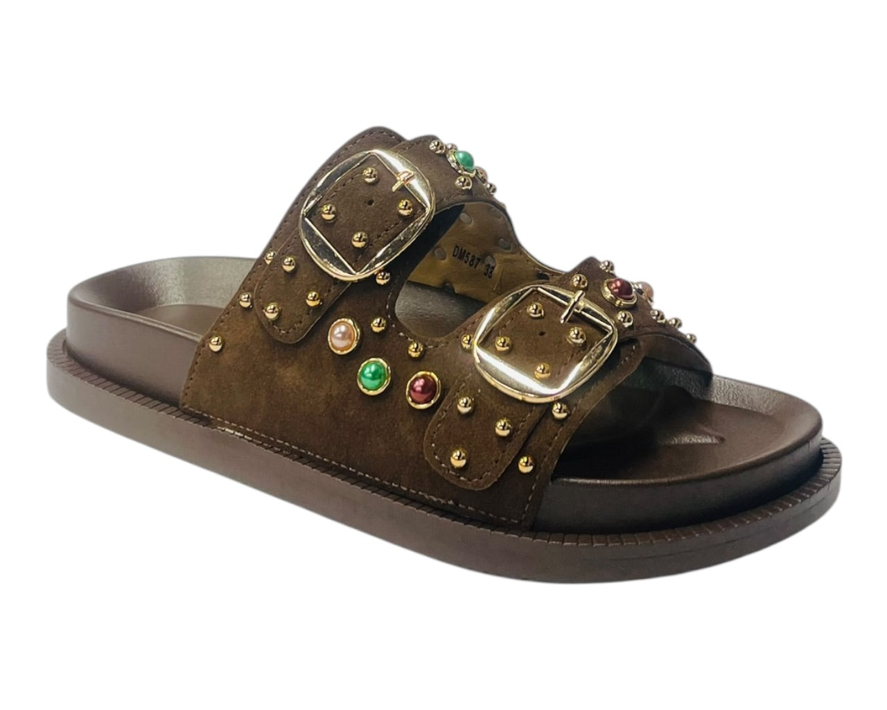 Diamante Stud Double Buckle Slide On Sandal