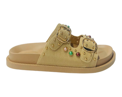 Diamante Stud Double Buckle Slide On Sandal