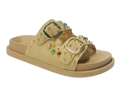 Diamante Stud Double Buckle Slide On Sandal