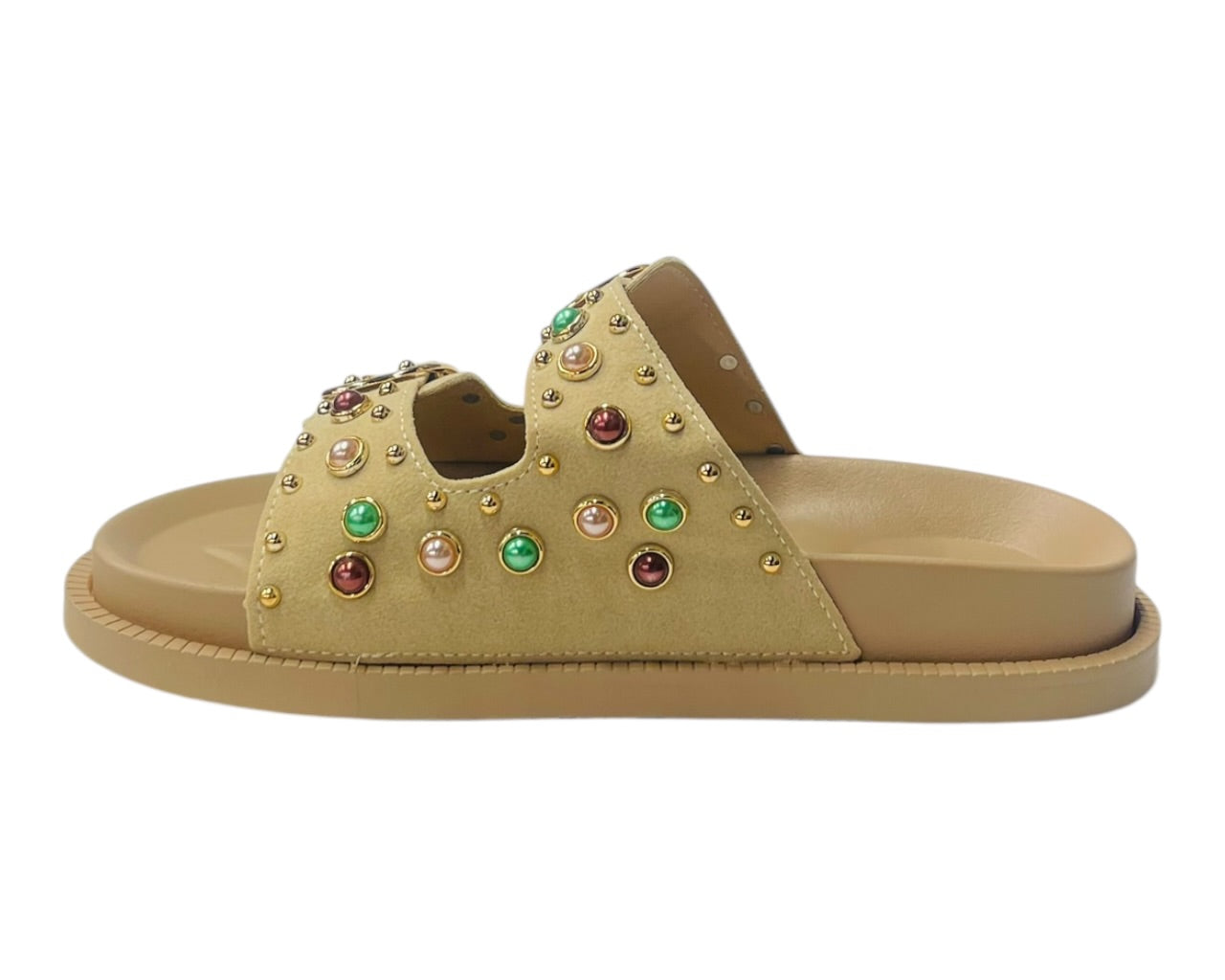 Diamante Stud Double Buckle Slide On Sandal