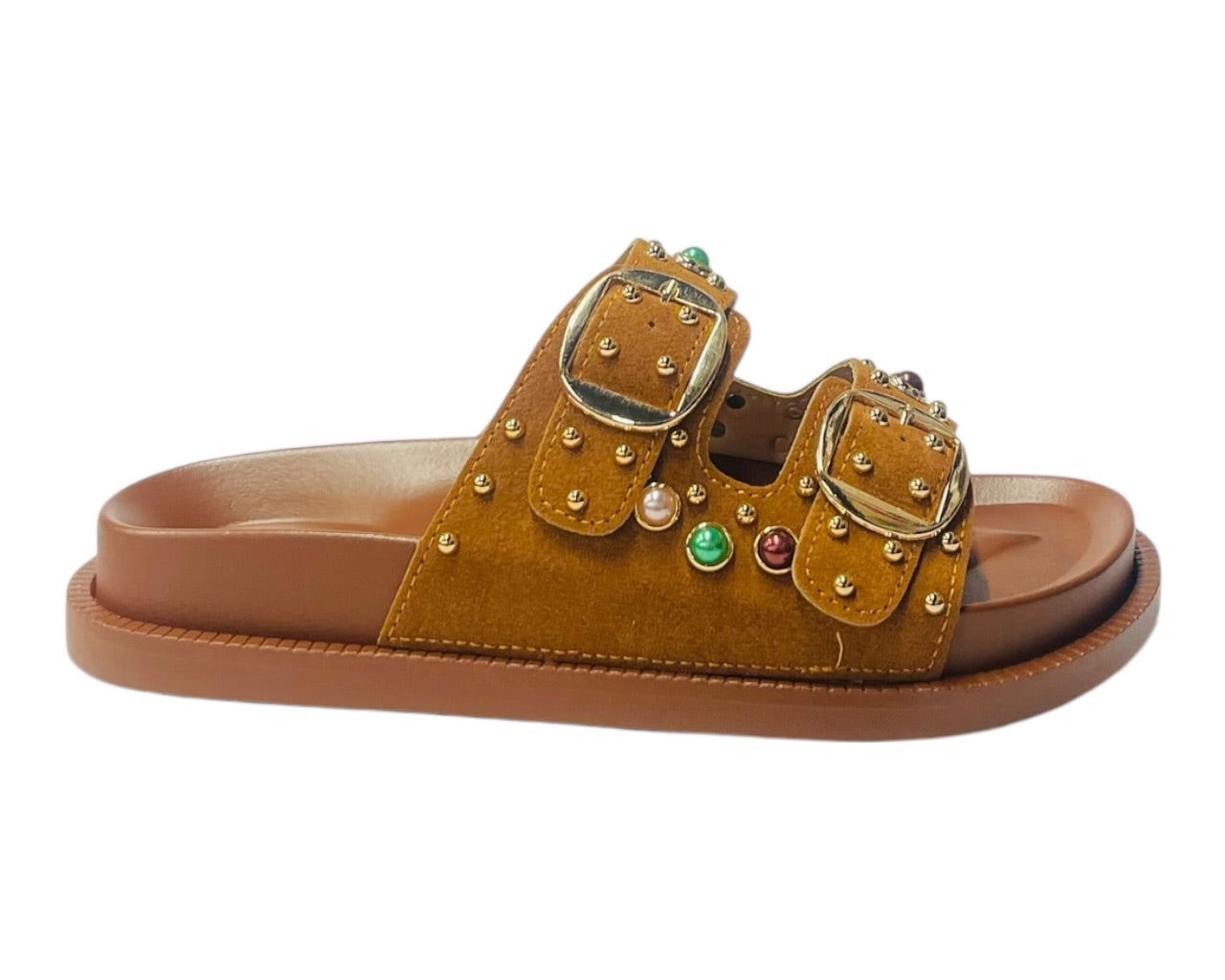 Diamante Stud Double Buckle Slide On Sandal