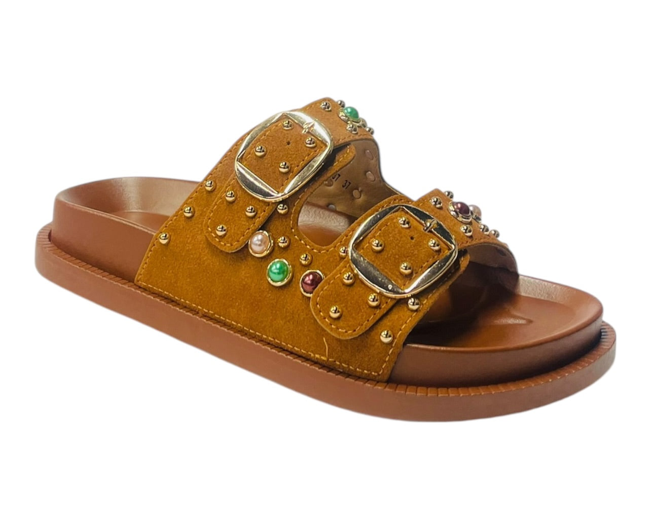 Diamante Stud Double Buckle Slide On Sandal