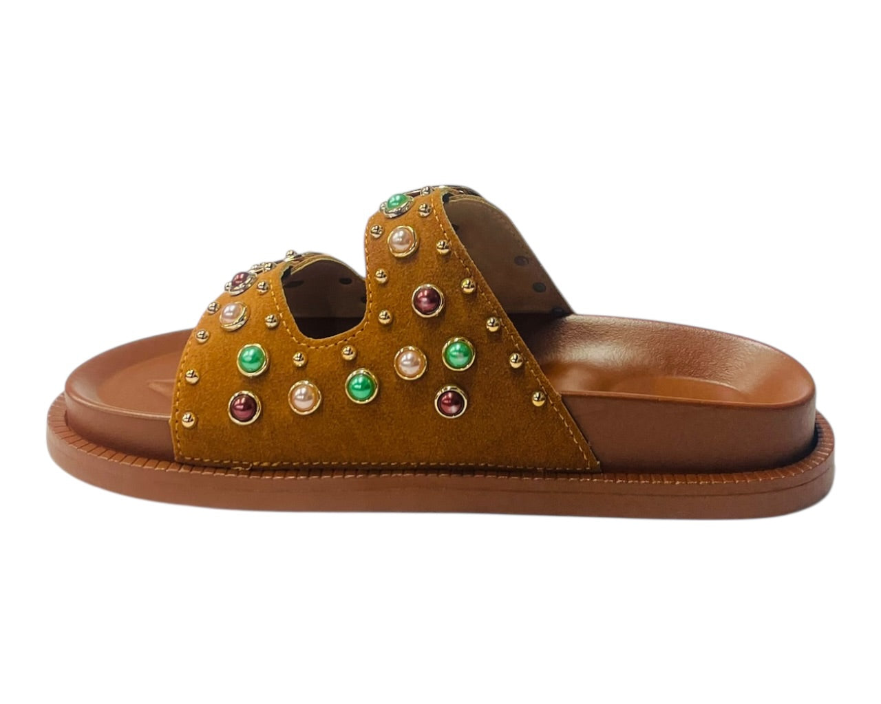 Diamante Stud Double Buckle Slide On Sandal