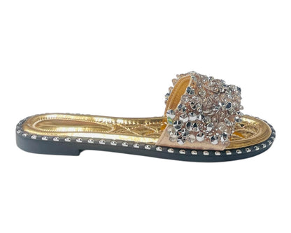 Diamante Gem Stone Cushioned Insole Open Toe Flat Slider
