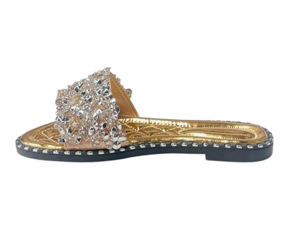 Diamante Gem Stone Cushioned Insole Open Toe Flat Slider