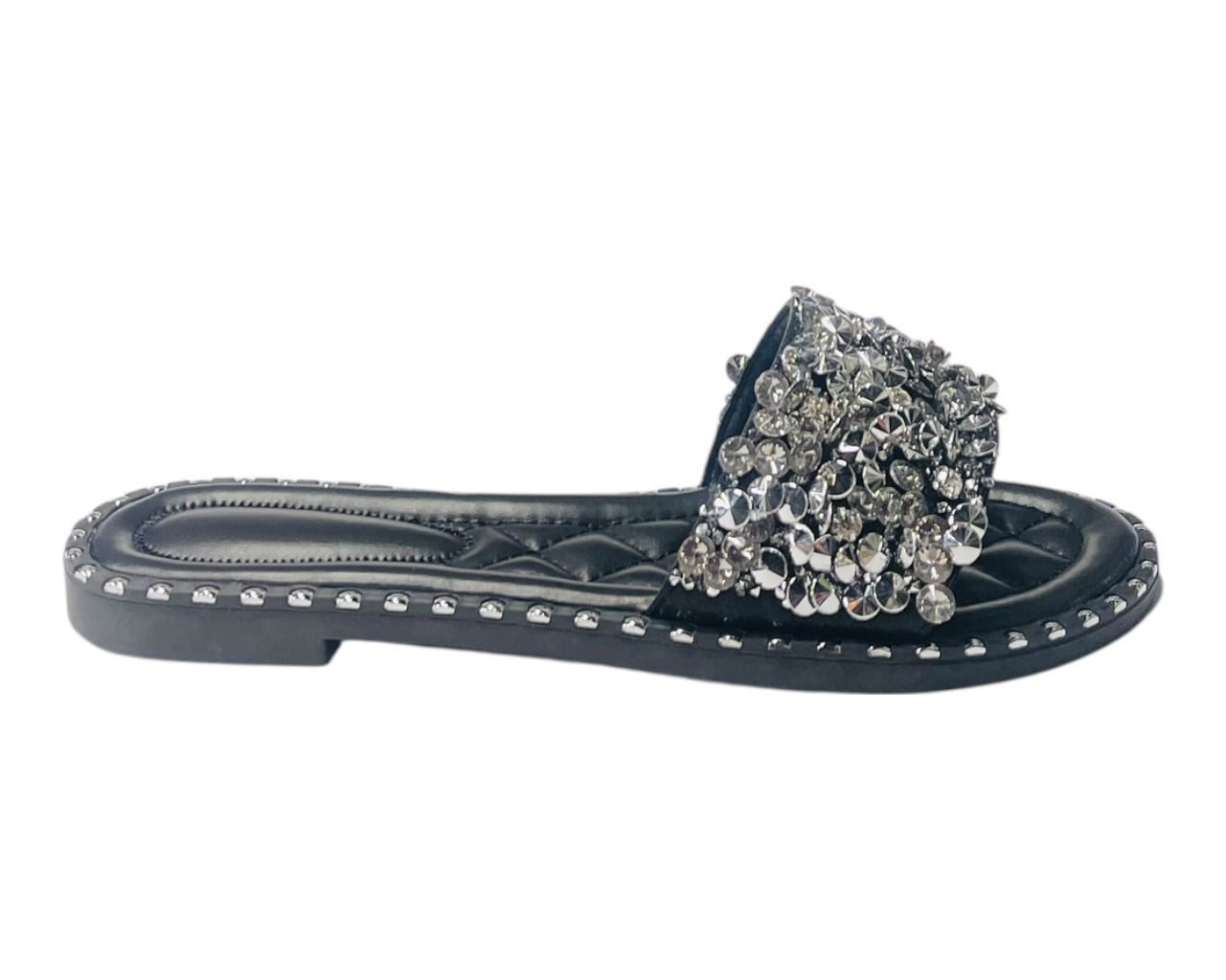 Diamante Gem Stone Cushioned Insole Open Toe Flat Slider
