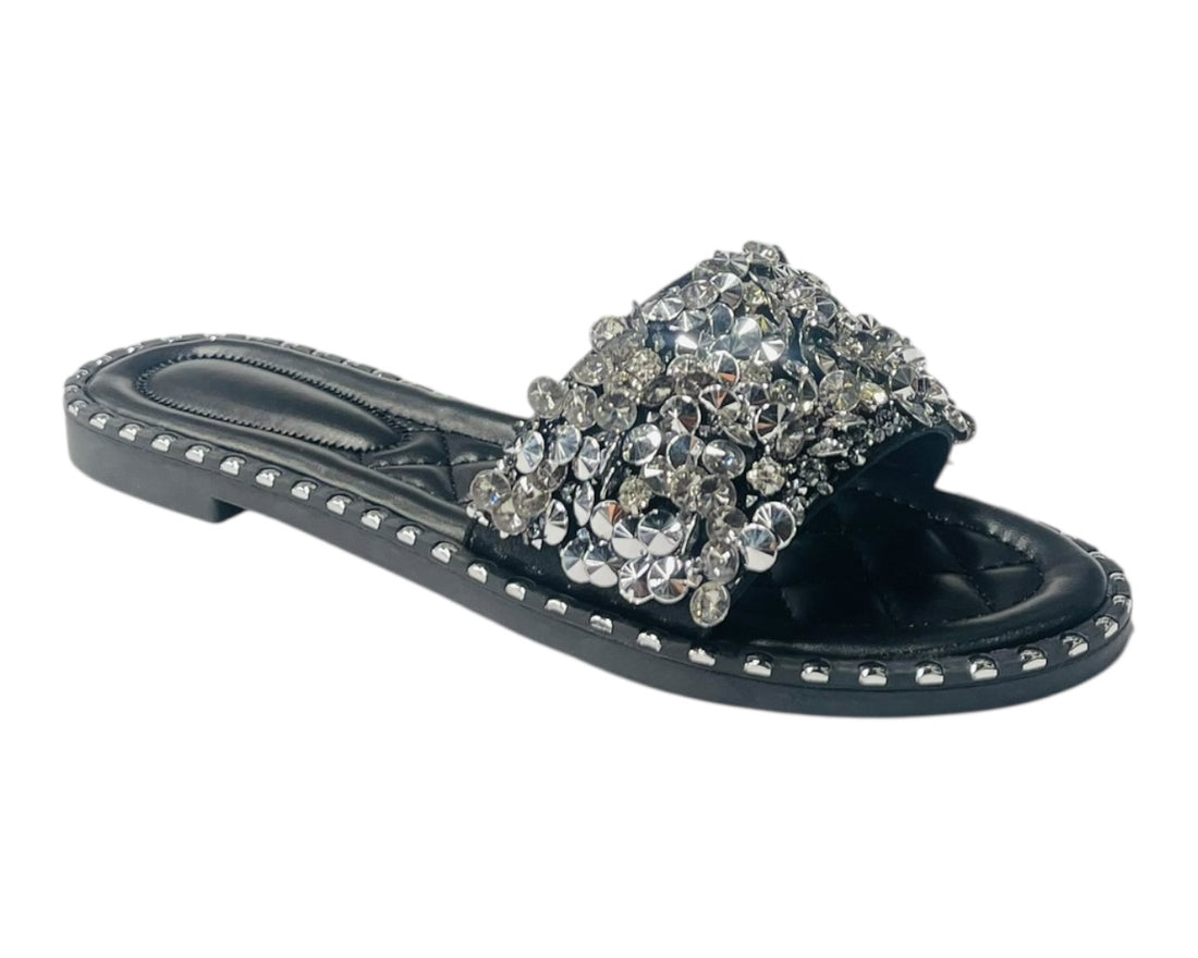 Diamante Gem Stone Cushioned Insole Open Toe Flat Slider