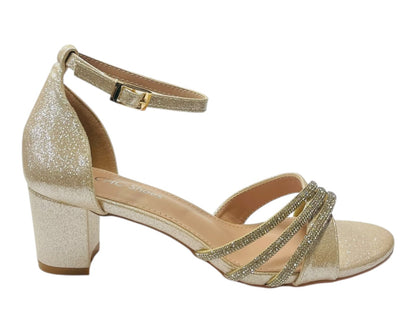 Diamante Ankle Strap Glitter Block Heel Shoes