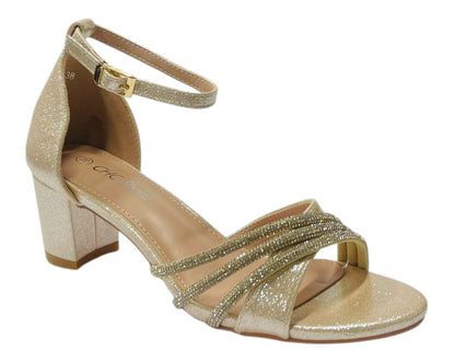 Diamante Ankle Strap Glitter Block Heel Shoes