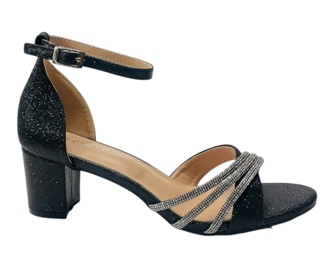 Diamante Ankle Strap Glitter Block Heel Shoes