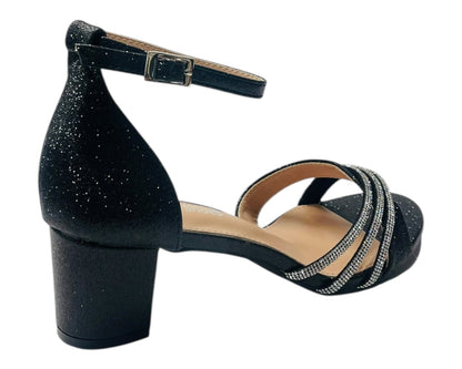 Diamante Ankle Strap Glitter Block Heel Shoes