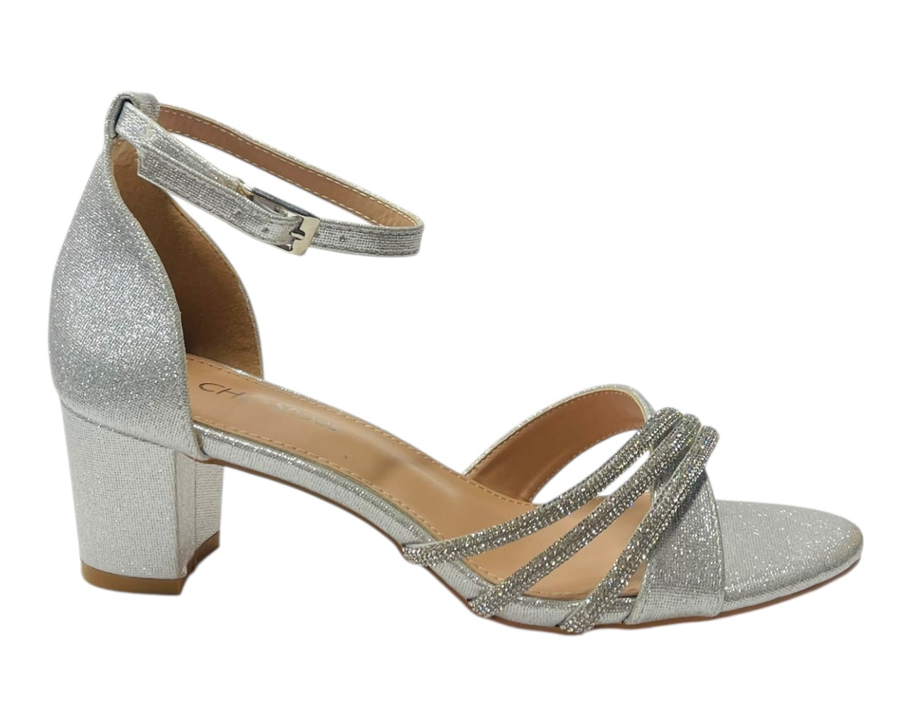 Diamante Ankle Strap Glitter Block Heel Shoes