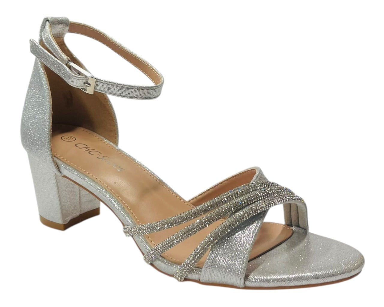 Diamante Ankle Strap Glitter Block Heel Shoes