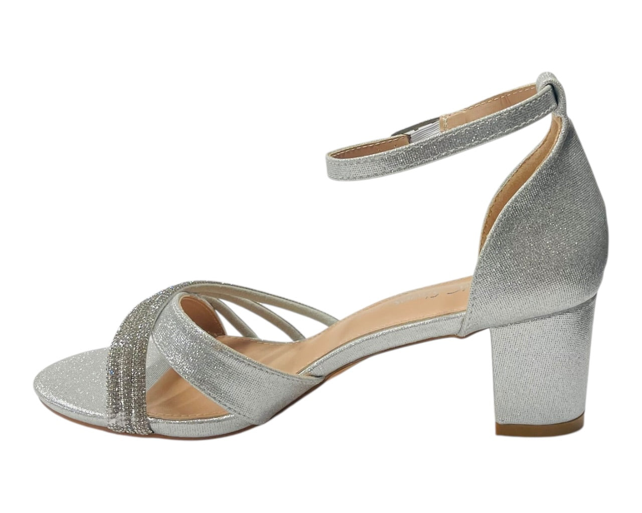Diamante Ankle Strap Glitter Block Heel Shoes