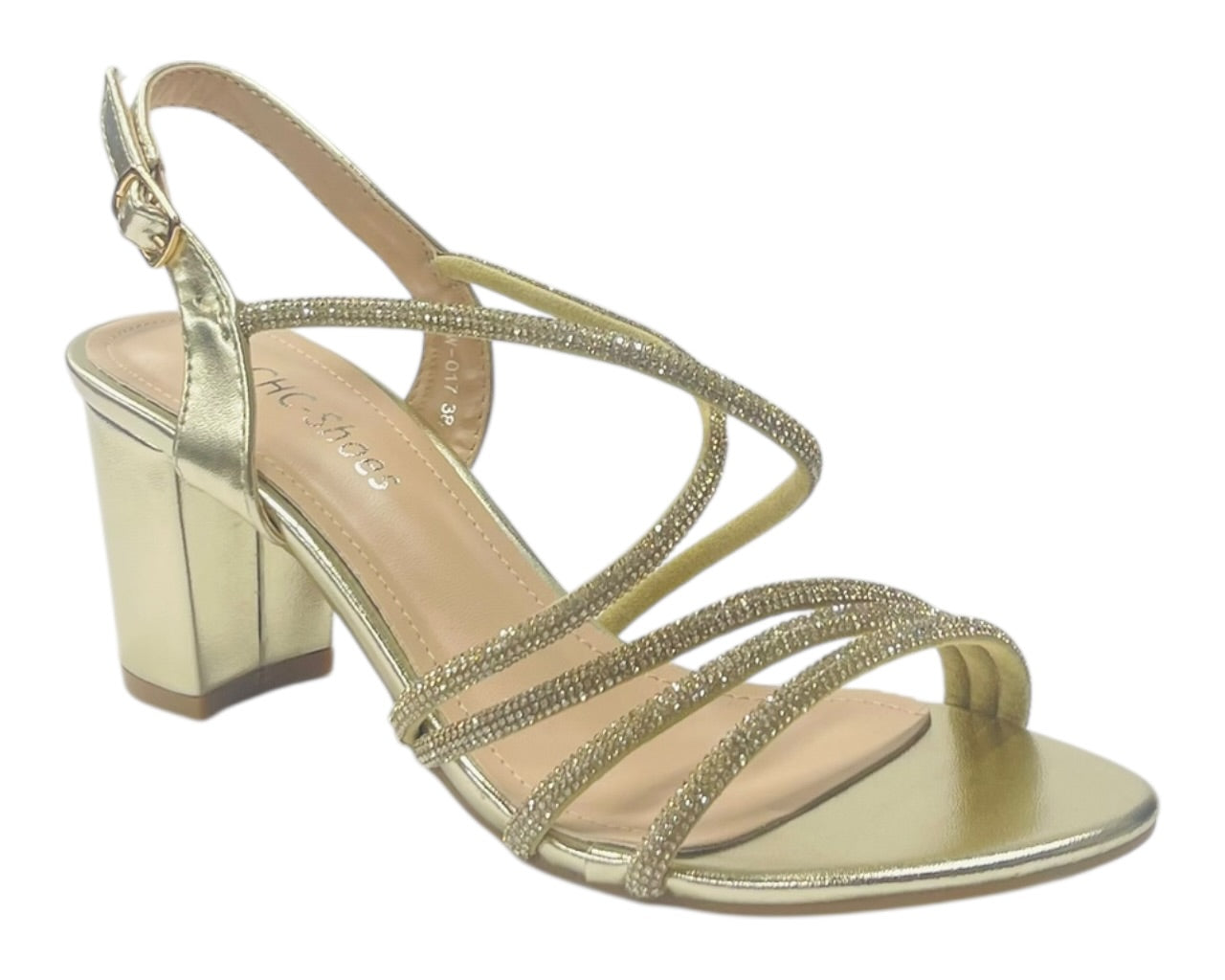 Diamante Glitter Ankle Strap Block Heel Shoes