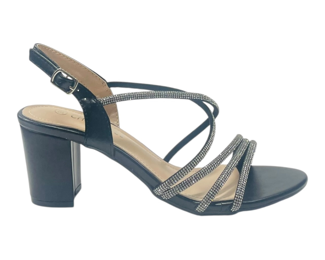 Diamante Glitter Ankle Strap Block Heel Shoes