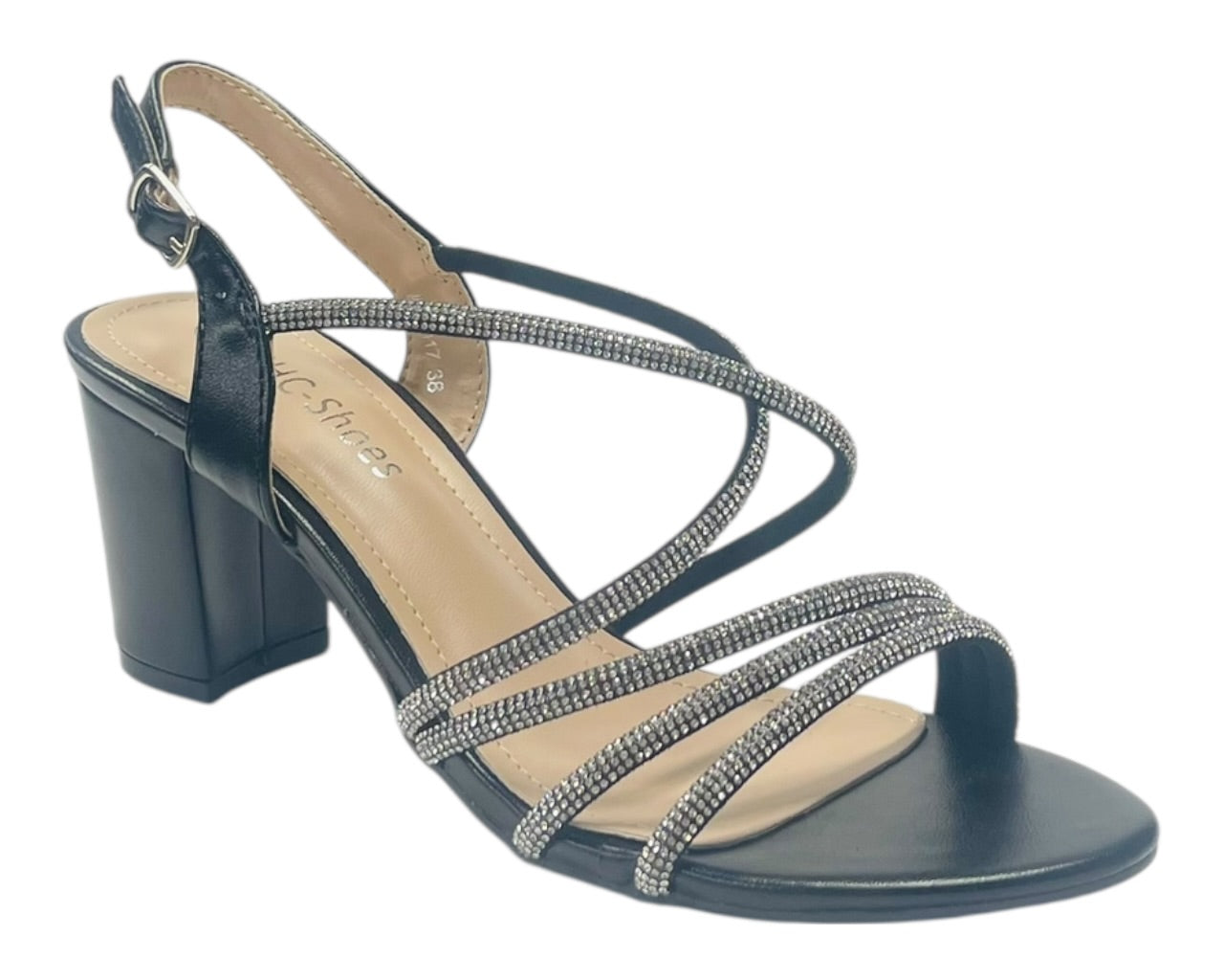Diamante Glitter Ankle Strap Block Heel Shoes