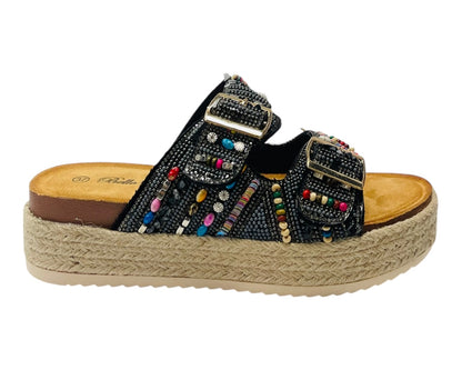 Platform Beaded Buckle Strap Flat Sandals