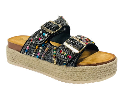 Platform Beaded Buckle Strap Flat Sandals