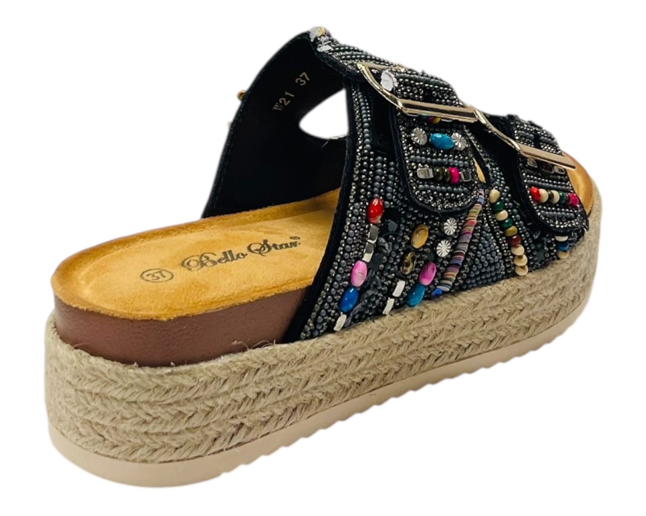 Platform Beaded Buckle Strap Flat Sandals