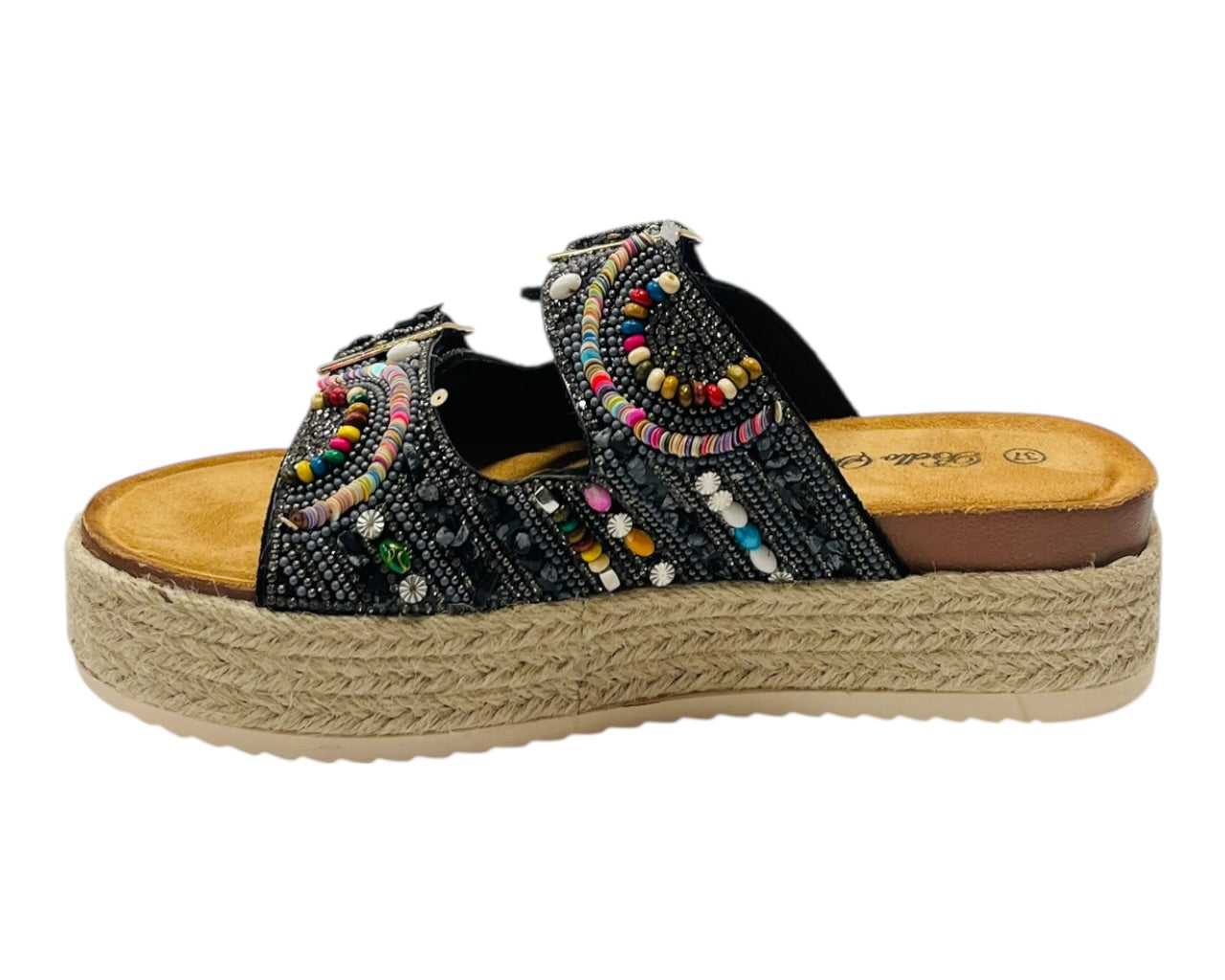 Platform Beaded Buckle Strap Flat Sandals