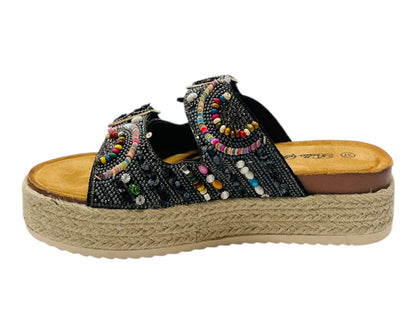 Platform Beaded Buckle Strap Flat Sandals