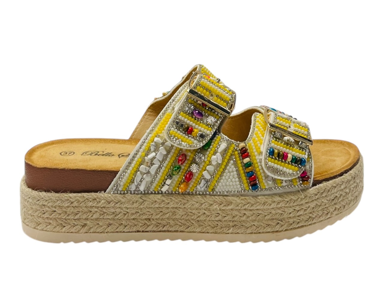 Platform Beaded Buckle Strap Flat Sandals