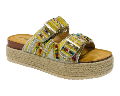 Platform Beaded Buckle Strap Flat Sandals
