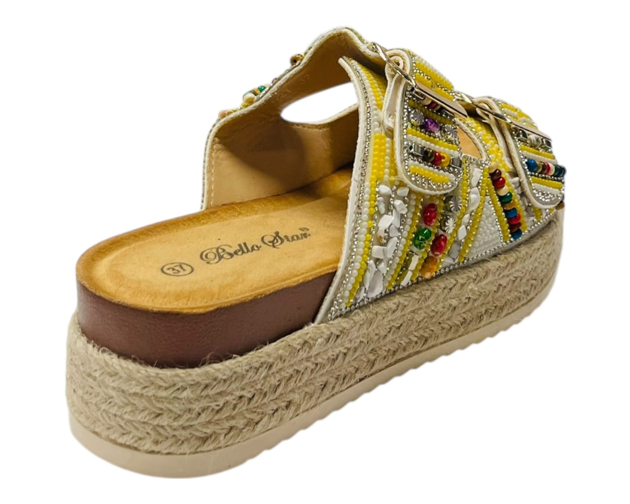 Platform Beaded Buckle Strap Flat Sandals